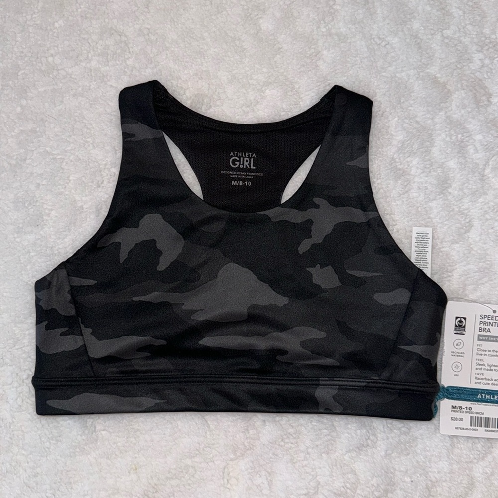 Athleta Girls Black Camo Speed Racer Printed Bra M/8-10